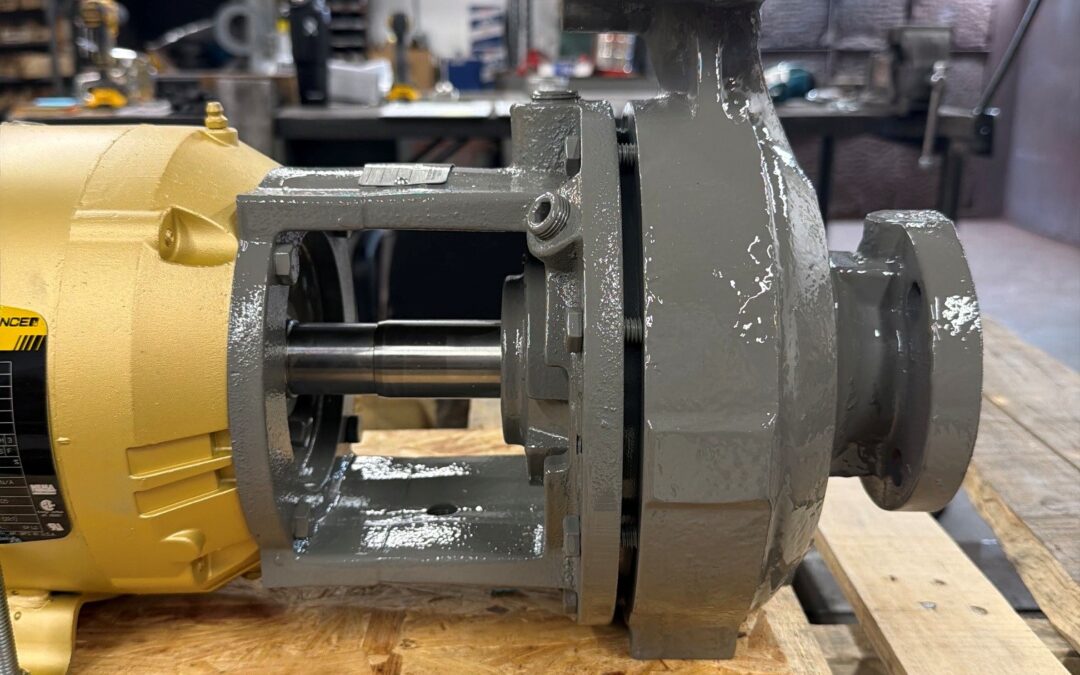 Worthington D1022 1.5x1x6 centrifugal pump with full diameter impeller mounted on a 5 HP motor manufactured by Thelco